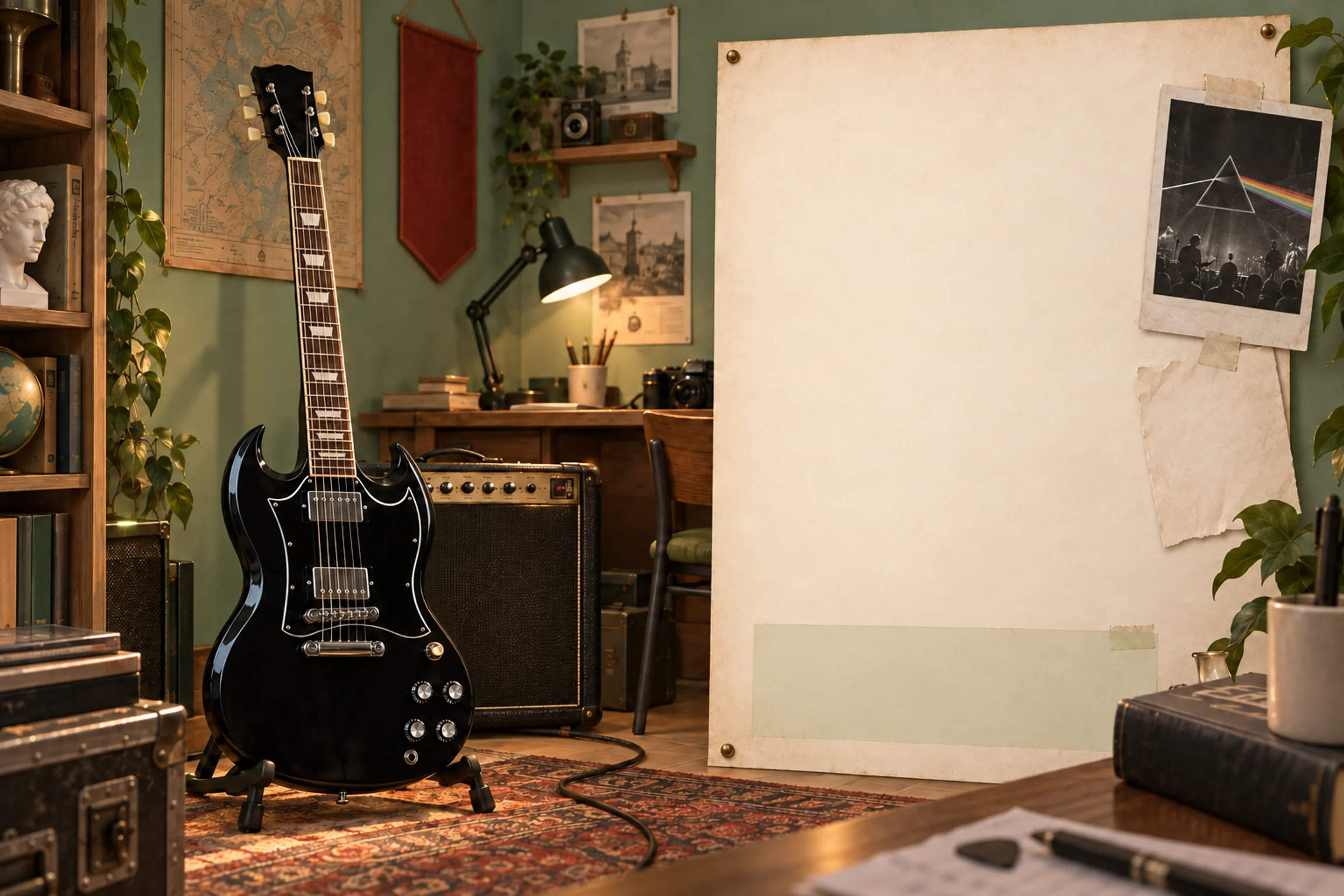 Чёрная гитара Gibson SG и усилитель в комнате